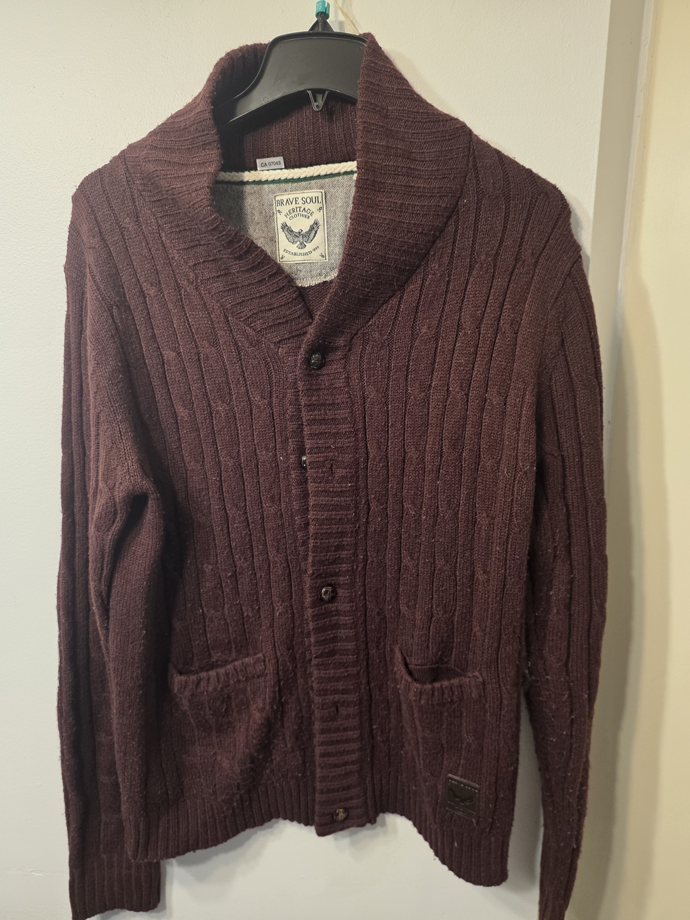Brave Soul Men's Shawl Collar Cable Knit Cardigan - Wine
